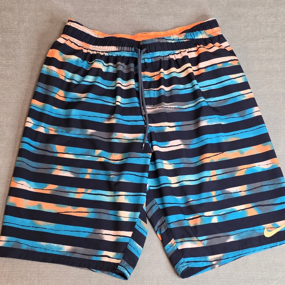 Nike Swim Trunks Mens Large Blue Orange Striped Abstract Board Shorts Dri Fit
